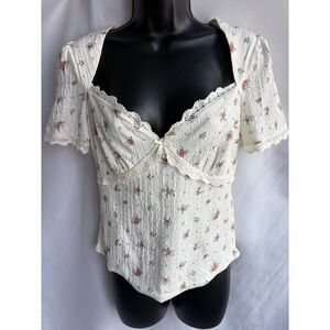 Hesperus Floral Top Lace Trim Size L Beige Cottacore Prairie Feminine Cottage